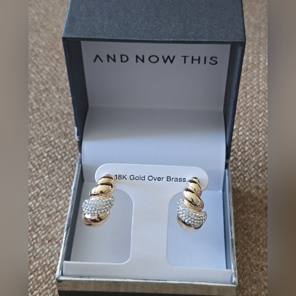 And Now This Gold Crystal Twist Hoop Earrings New
